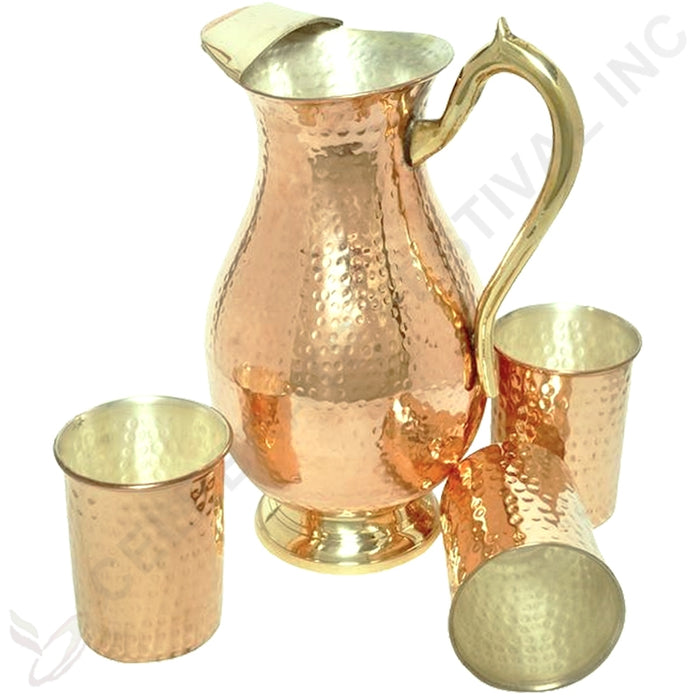 Hammered Pure Copper Water Pitcher (water Jug) With Bras Handle And I Ice Cather (Muglai Surahi Design)