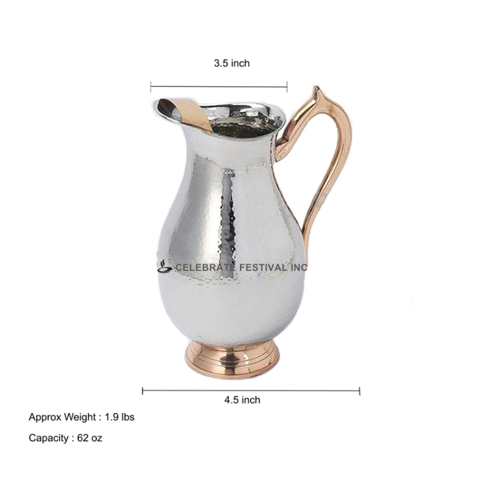 Hammered Stainless Steel Water Pitcher (Jug) With Copper Handle And Ice Catcher