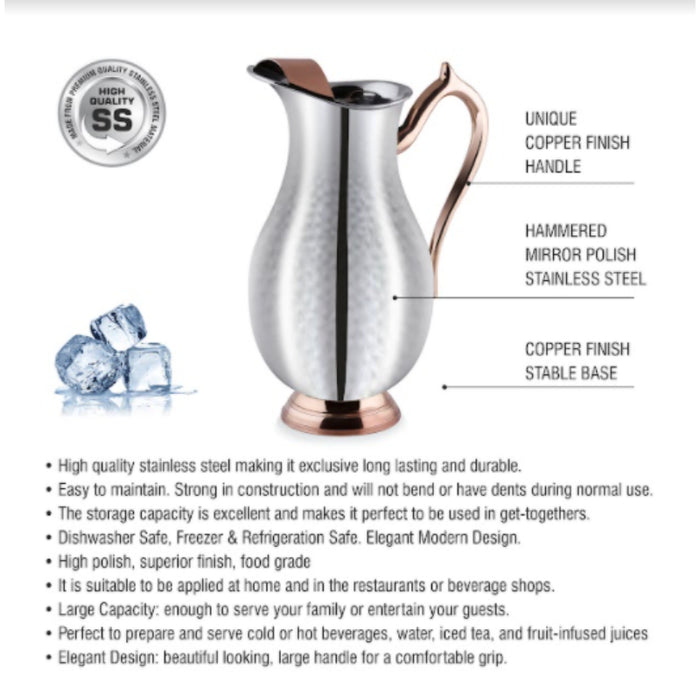 Hammered Stainless Steel Water Pitcher (Jug) With Copper Handle And Ice Catcher