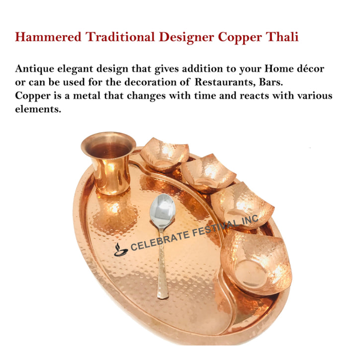 Hammered Traditional Designer Copper Oval Thali Set (1 Oval thali/ 4 Mukta Katoris / 1 Spoon / 1 Curved Copper Glass
