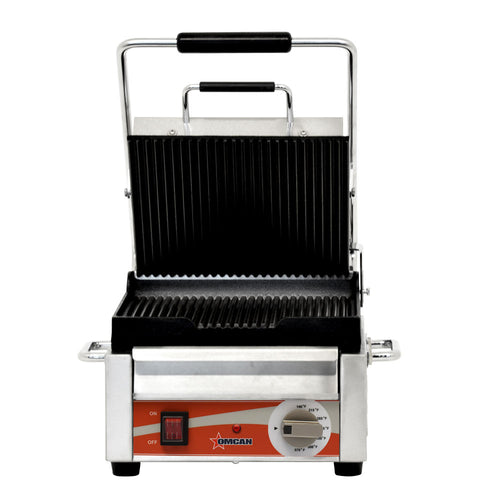 Omcan PG-CN-0515-R Single Panini Grill with Grooved Plates – 10″ x 11″ Cooking Surface – 120V, 1800W