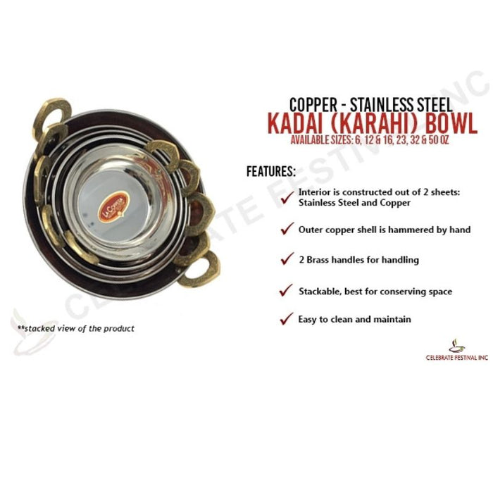 Hammered Copper Stainless Steel Kadai (Karahi) Bowl