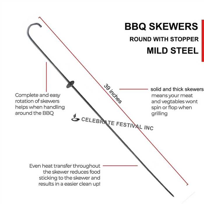 Mild Steel (Iron) BBQ SKEWERS - ROUND, Options 3,4,6,8 & 10 MM thickness with STOPPER