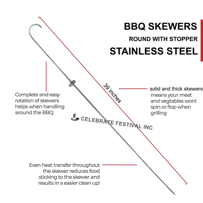Stainless Steel BBQ SKEWERS - ROUND Options 3,4,6,8 & 10 MM thickness with STOPPER