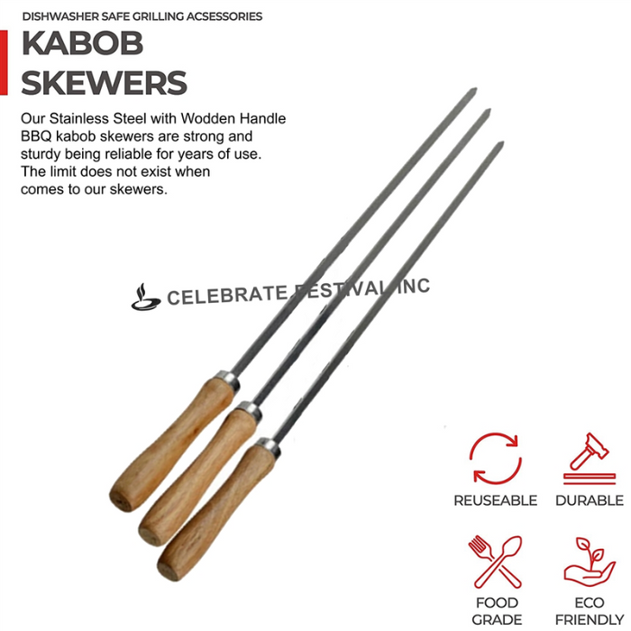 BBQ Skewers for Kabob/ Tikka, Square/ Rectangle Shape with Stopper : Appx 30" Long and Thickness Options 4, 6. 8 or 10 mm - Stainless Steel with Wooden Handle