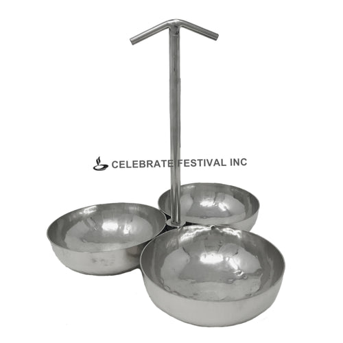 Stainless steel pickle and chutney stand with 3 attached hammered bowls