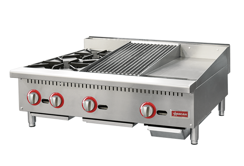 Omcan CE-CN-12H12C12G 36″ Countertop Gas Combination Hot Plate, Charbroiler and Griddle Combo- 115,000 BTU Natural Gas