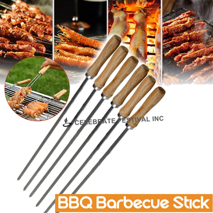 BBQ Skewers for Kabob/ Tikka, Square/ Rectangle Shape with Stopper : Appx 30" Long and Thickness Options 4, 6. 8 or 10 mm - Stainless Steel with Wooden Handle