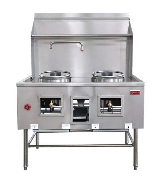Omcan CE-CN-W2L0-NG Two Chamber Wok Range with 2 x 13″ Rings, Backsplash, Faucet, 190,000 BTU – Natural Gas