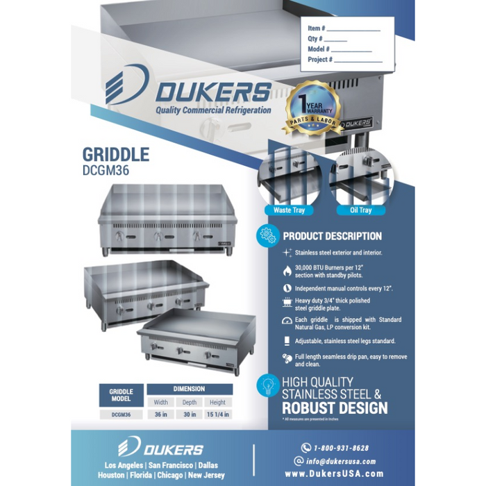 Dukers Griddles DCGM36 36 in. W Griddle with 3 Burners