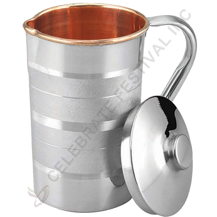 Copper Jug / Pitcher With Lid and Steel Polish Outside - 9", 2.3 Ltr (77 Oz) Capacity