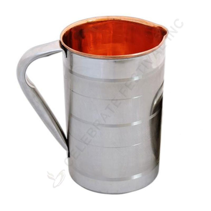 Copper Jug / Pitcher With Lid and Steel Polish Outside - 9", 2.3 Ltr (77 Oz) Capacity