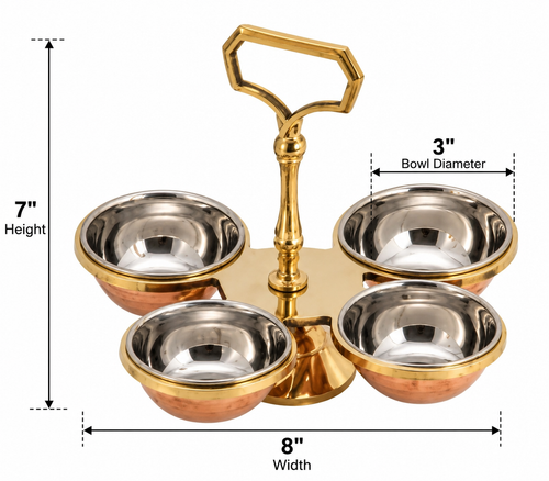Copper & Stainless Steel Chutney/Pickle/Dip Serving Stand – 4 Bowl Set with Brass Base