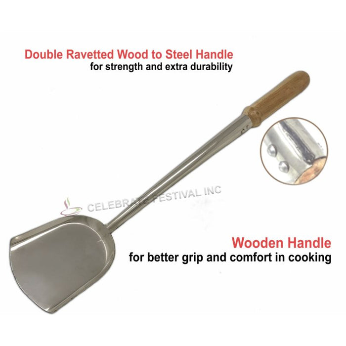 Cooking Ladle : Stainless Wok Shovel 5 X 4 in, Wood Handle, 19 1/2 in, also known as Chinese Laddle