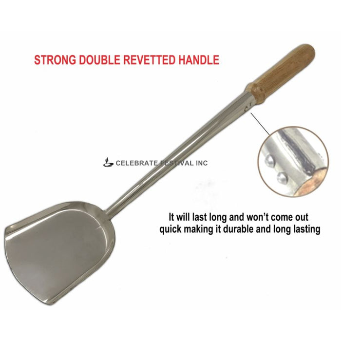 Cooking Ladle : Stainless Wok Shovel 5 X 4 in, Wood Handle, 19 1/2 in, also known as Chinese Laddle