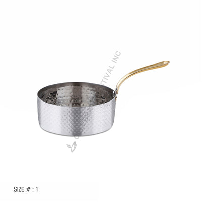 Hammered Stainless Steel Sauce Pan with Brass Handle – Elegant Serveware (Available in 14oz, 22oz & 30oz Sizes)