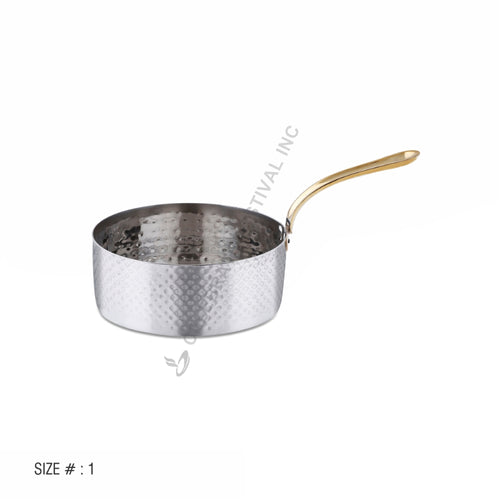 Hammered stainless steel saucepan with brass handle