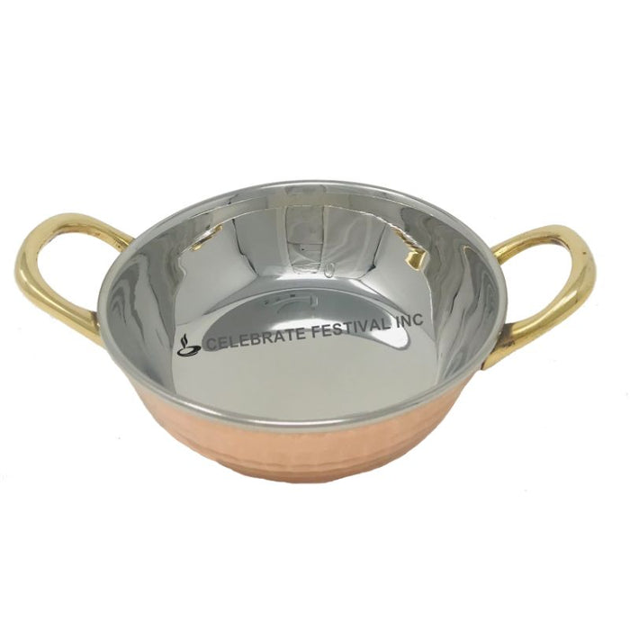 Hammered Copper Stainless Steel Kadai (Karahi) Bowl Welded Handle