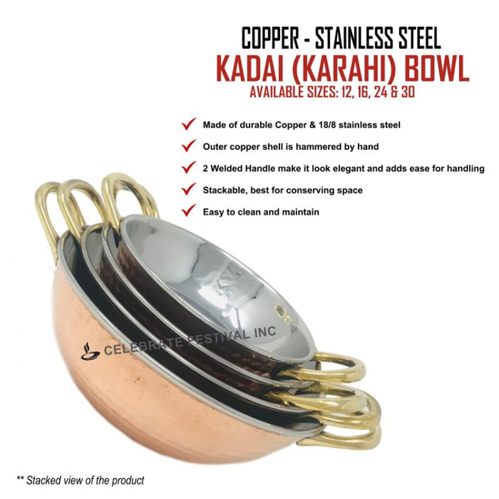Hammered Copper Stainless Steel Kadai (Karahi) Bowl Welded Handle