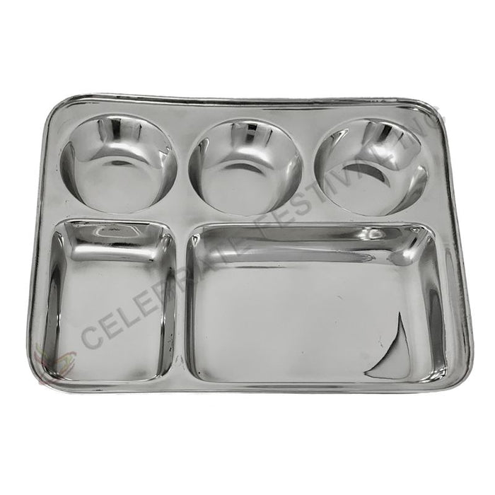 SS 5-Compartment rectangular Mess Tray/Thali/ Plate - L 13" x W 11"