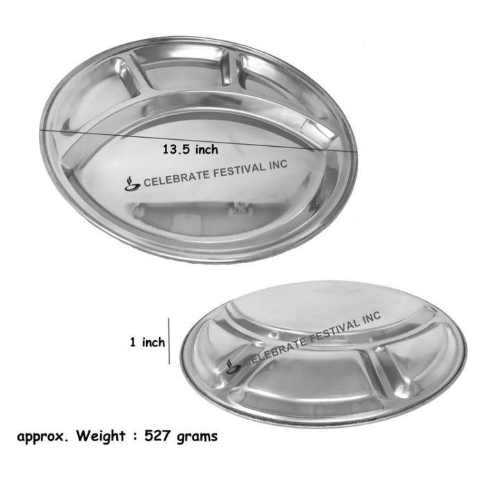 Round Mess Tray (Thali/ Plate) Stainless Steel, 4 Compartment & ~13.5" Diameter