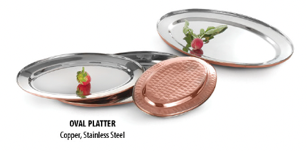 Copper and stainless steel oval appetizer platter on white background