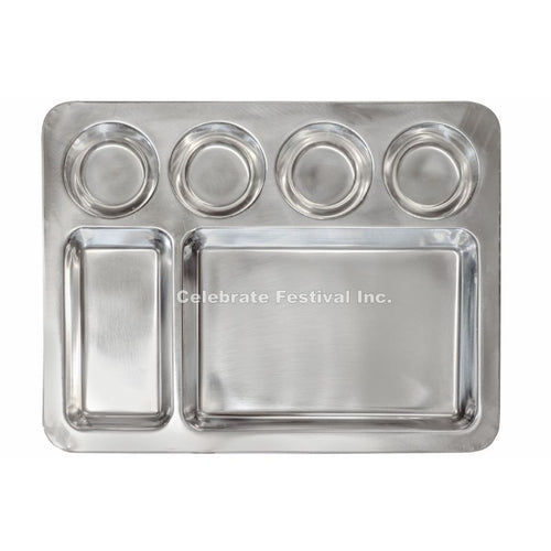 Stainless Steel Square Dosa Mess Tray - L 16" / 6 Compartment