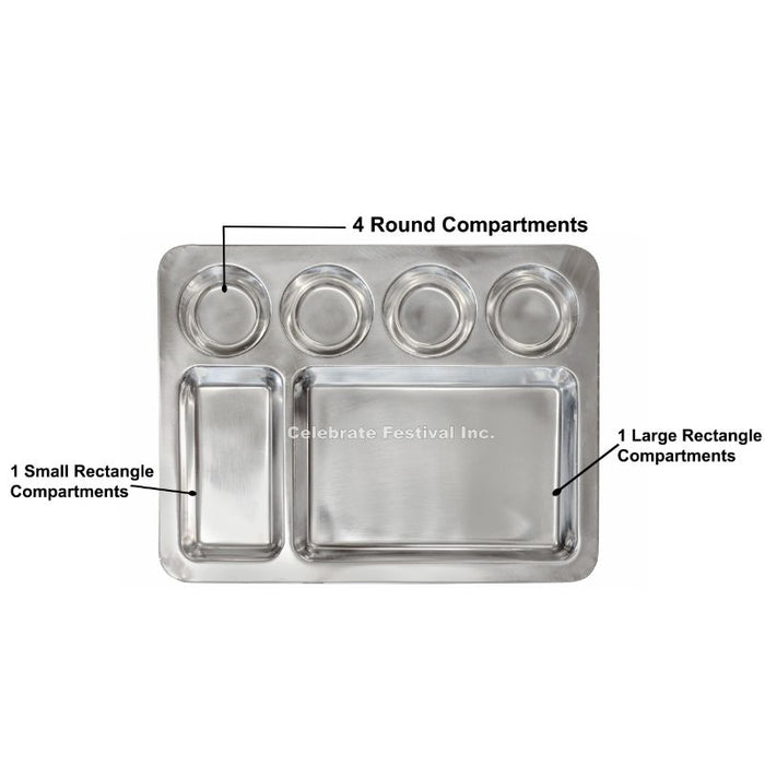 Stainless Steel Square Dosa Mess Tray - L 16" / 6 Compartment