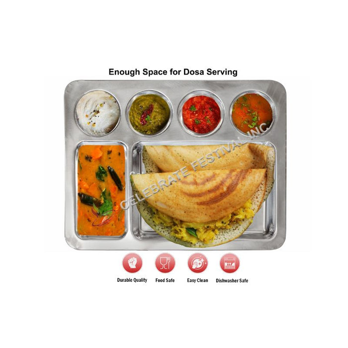 Stainless Steel Square Dosa Mess Tray - L 16" / 6 Compartment