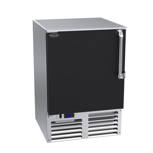 Outdoor refrigerator with black door and stainless steel base on a white background