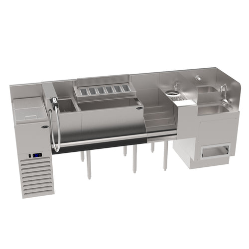 Stainless steel kitchen prep station with sink and various compartments on a white background