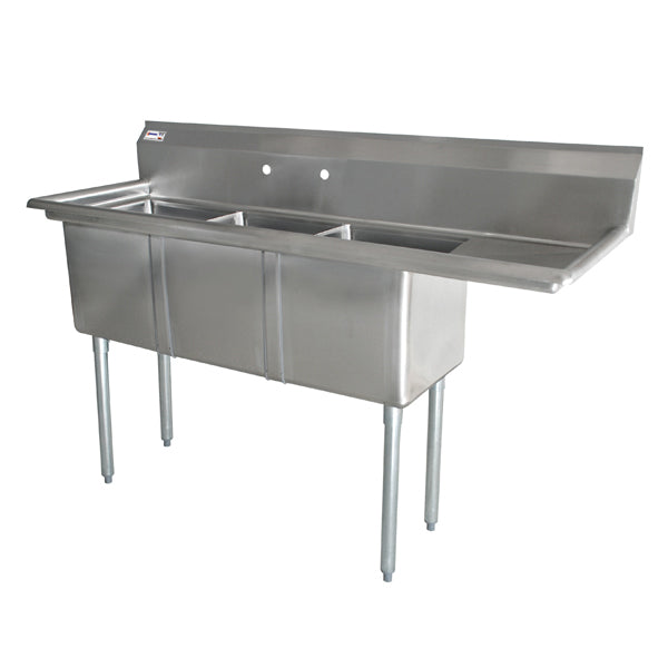 Omcan 3 Tub Sink with 1.8″ Corner Drain, Drainboard Optional, 18-gauge Stainless Steel, NSF