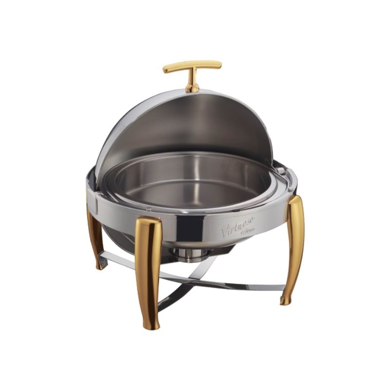 Winco 103A Virtuoso 6qt Round Chafer, Roll-top, S/S, Gold Accent, Extra Heavyweight (Price/Set)