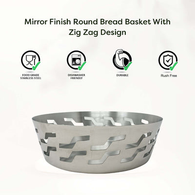 Stainless Steel Mirror Finish Round Bread Basket With Zig Zag Design
