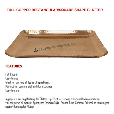 Elegant Full Copper Rectangular Platter for Serving Samosas, Chicken Tikka, and More