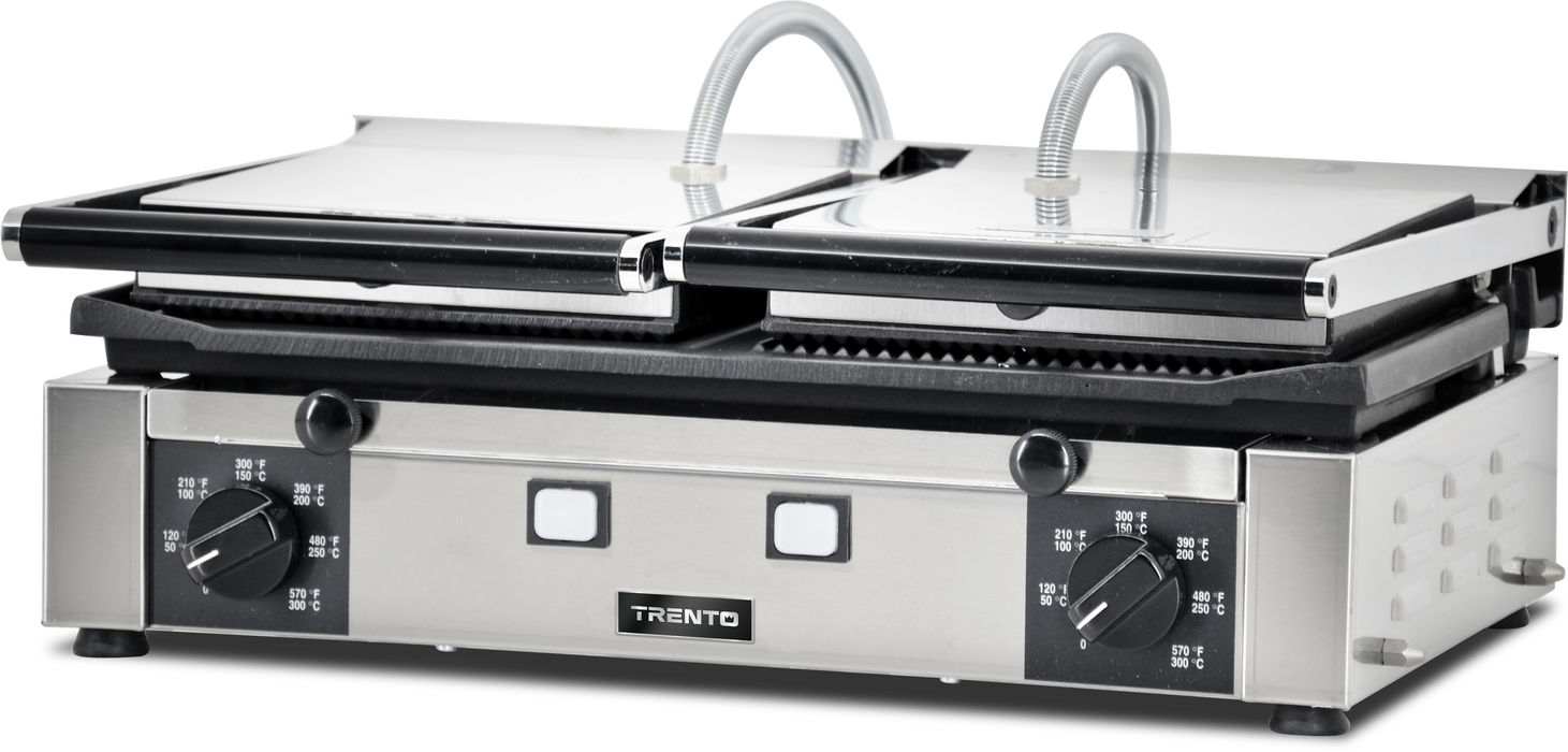 Omcan PG-IT-0737 Elite Series 10″ x 19″ Double Panini Grill with Ribbed Top and 1/2 Grooved and Smooth Bottom Grill Surface