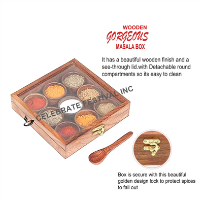 Square Wooden Spice Box; Round Organizer- see Thru Lid