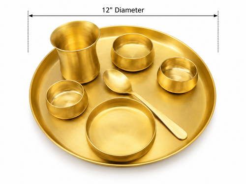 12" Brass Thali Set of 7 Pieces – Matt Finish Dinner Plates