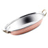 Oval copper and stainless steel serving dish with brass handles