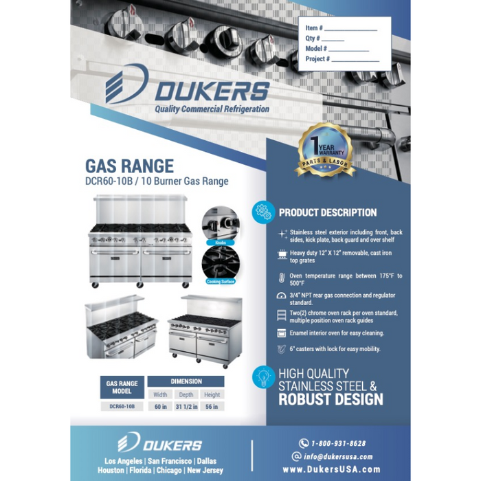 Dukers Range Ovens DCR60-10B 60″ Gas Range with Ten (10) Open Burners