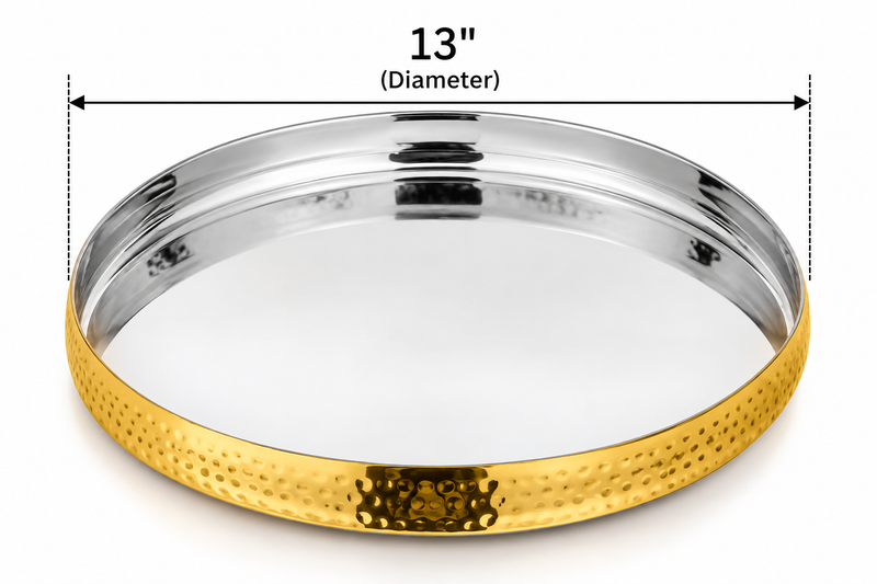 13" Brass & Stainless Steel Hammered Sovereign Thali – Elegant Dinner Plate