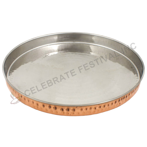 13-inch copper and stainless steel hammered thali plate on white background