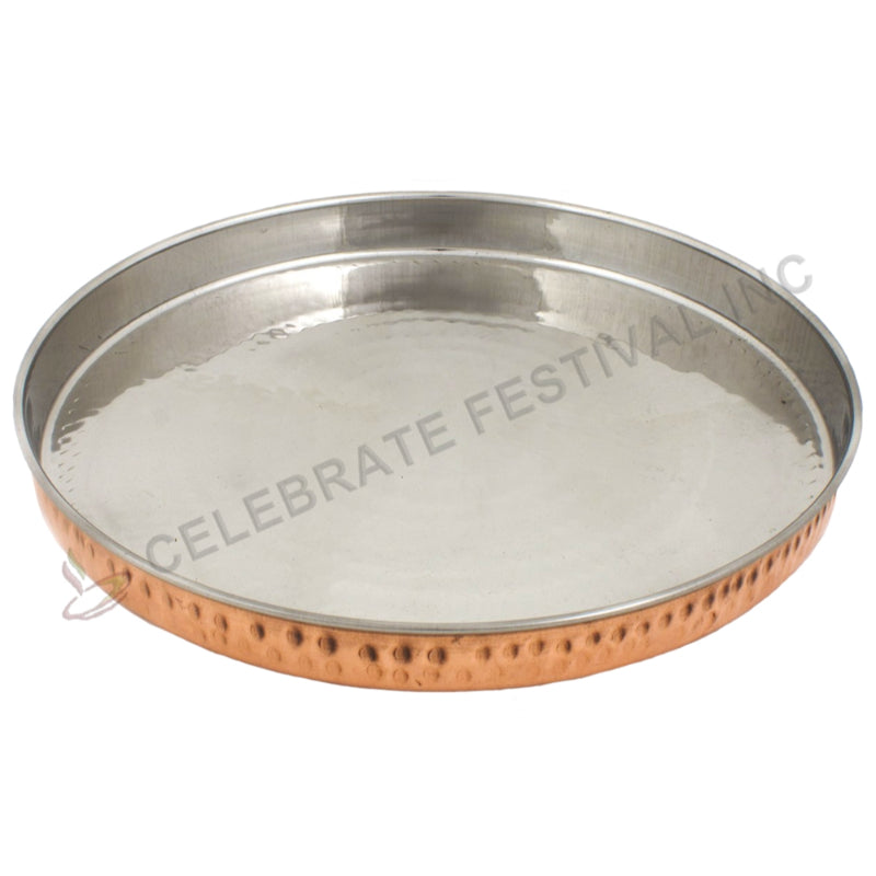13-inch copper and stainless steel hammered thali plate on white background