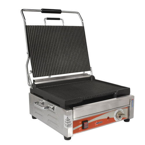Omcan PG-CN-0679-R Single Panini Grill with Grooved Plates – 12″ x 15″ Cooking Surface – 120V, 1800W