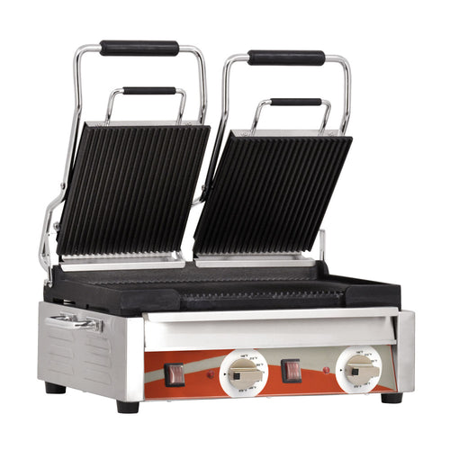 Omcan PG-CN-0711-R Double Panini Grill with Grooved Plates – 10″ x 18″ Cooking Surface – 220V, 3200W
