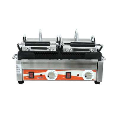 Omcan PG-CN-0711-R Double Panini Grill with Grooved Plates – 10″ x 18″ Cooking Surface – 220V, 3200W