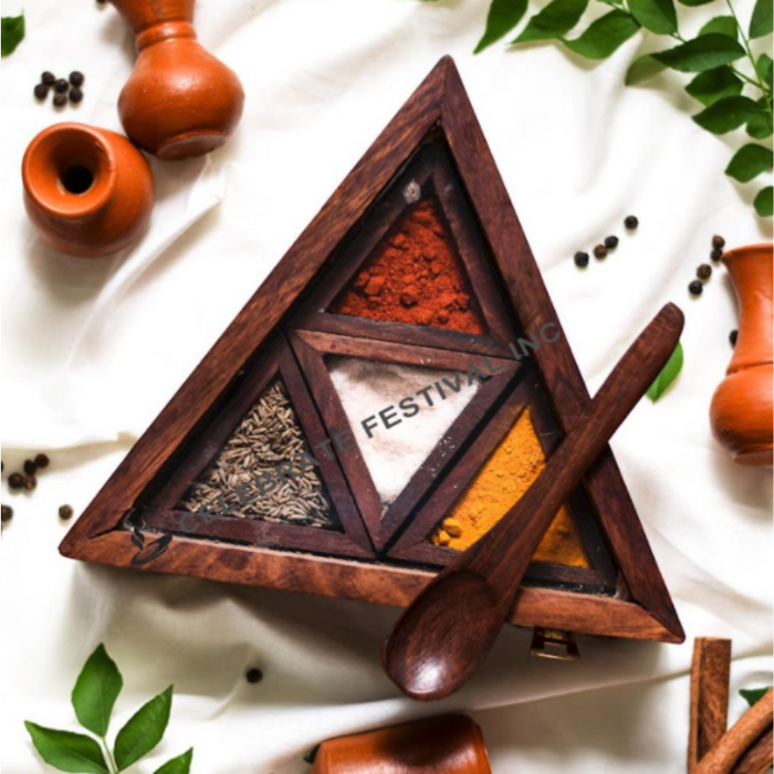 Triangle Wooden Spice Box/ Masala Dabba / Organizer - 8", see Thru Lid and 4 Sections