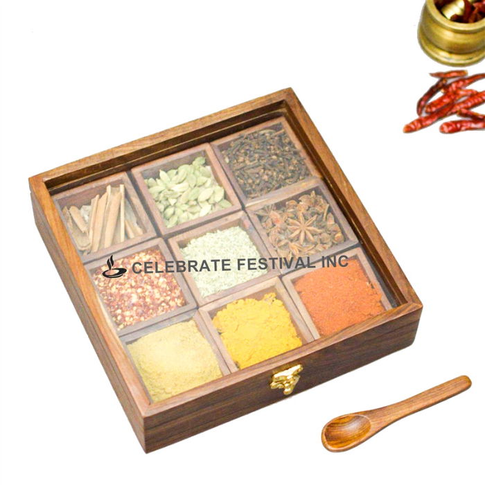 Square Wooden Spice Box/ Masala Dabba / Organizer- see Thru Lid