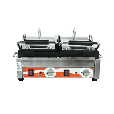 Omcan PG-CN-0711-F Double Panini Grill with Smooth Plates – 10″ x 18″ Cooking Surface – 220V, 3200W