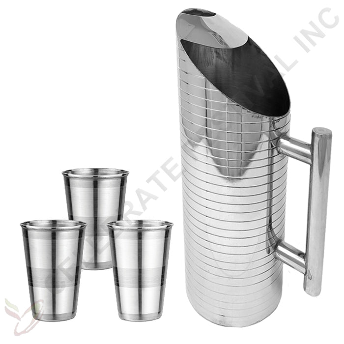 Stainless Steel Water/ Beverage Jug / Pitcher, With Rings Design And Glossy Finish - 11" X 4", 1.3 Ltr (52 Oz) Capacity